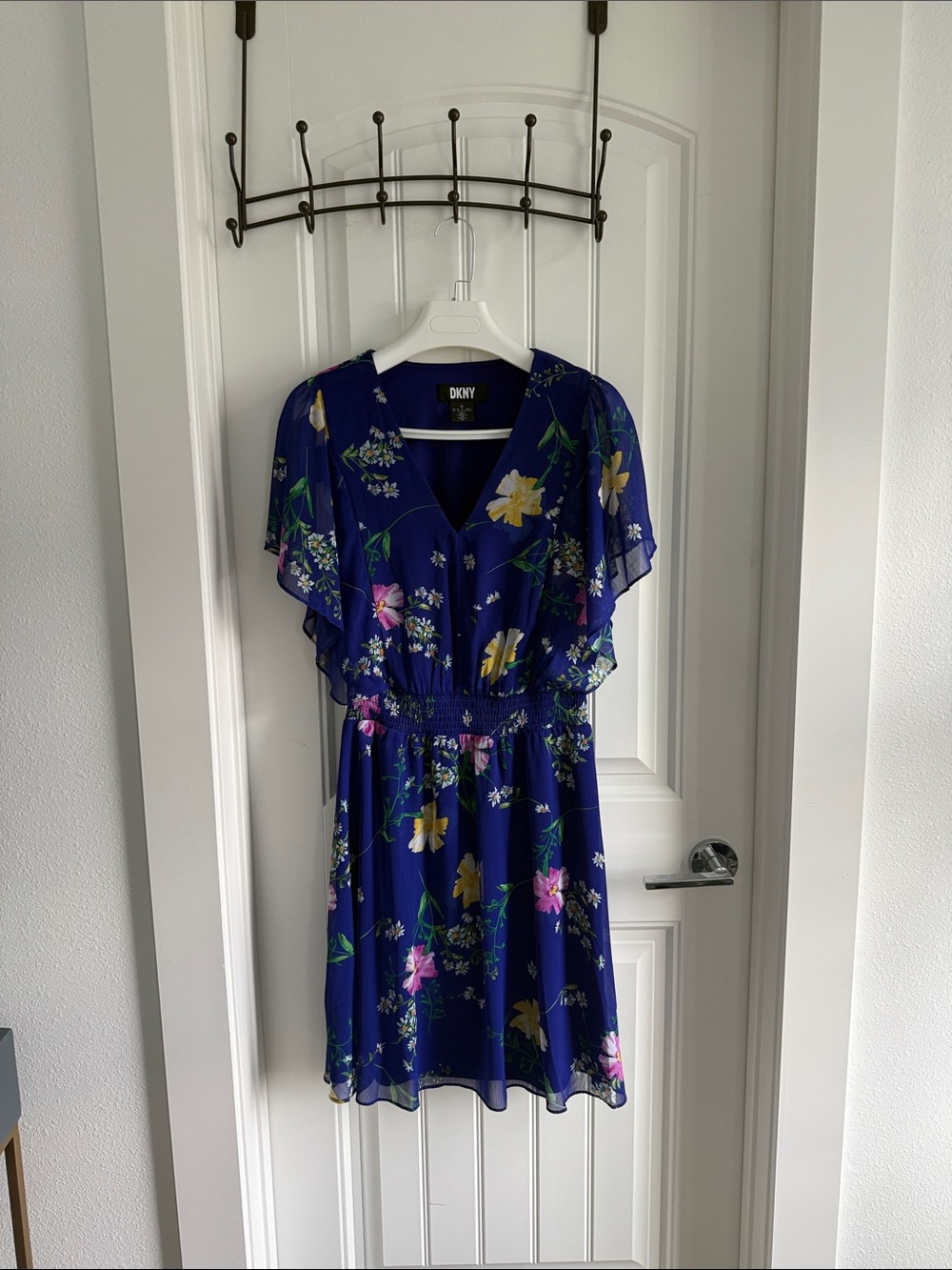 DKNY Blue Floral V-Neck Flutter Sleeve Dress